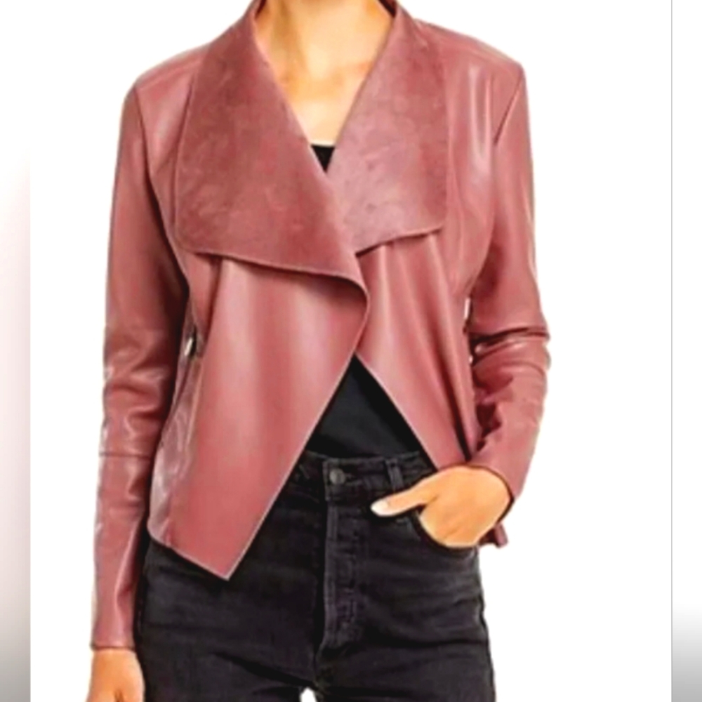 Bagatelle Womens Draped Faux Leather Jacket In dusty rose